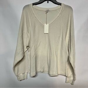 Z Supply Cream V-Neck Waffle Knit Sweatshirt